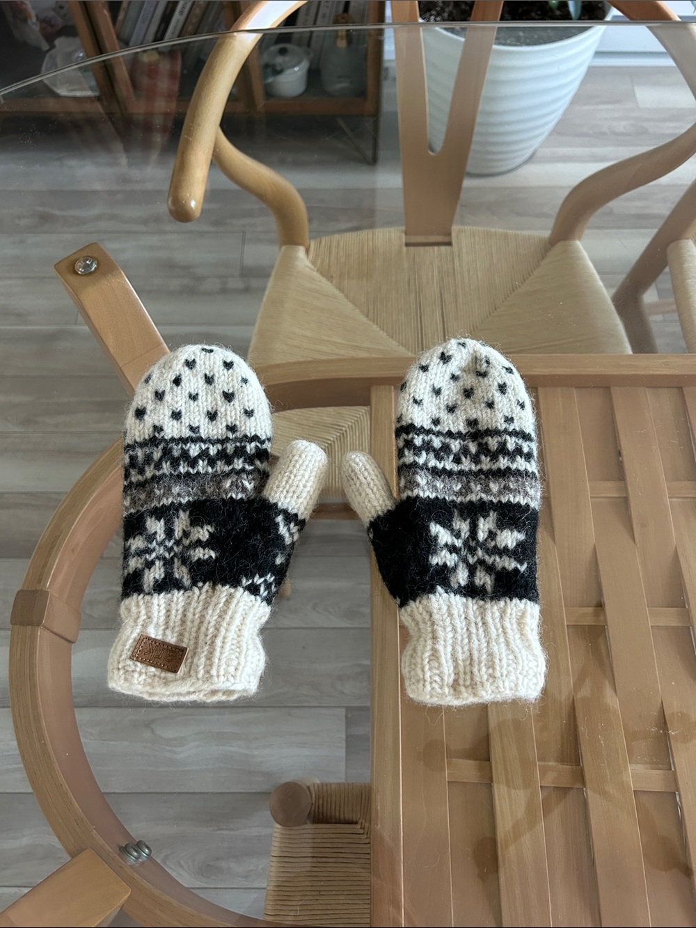 Ark Knit Black & Cream Fair Isle Snowflake wool Mittens